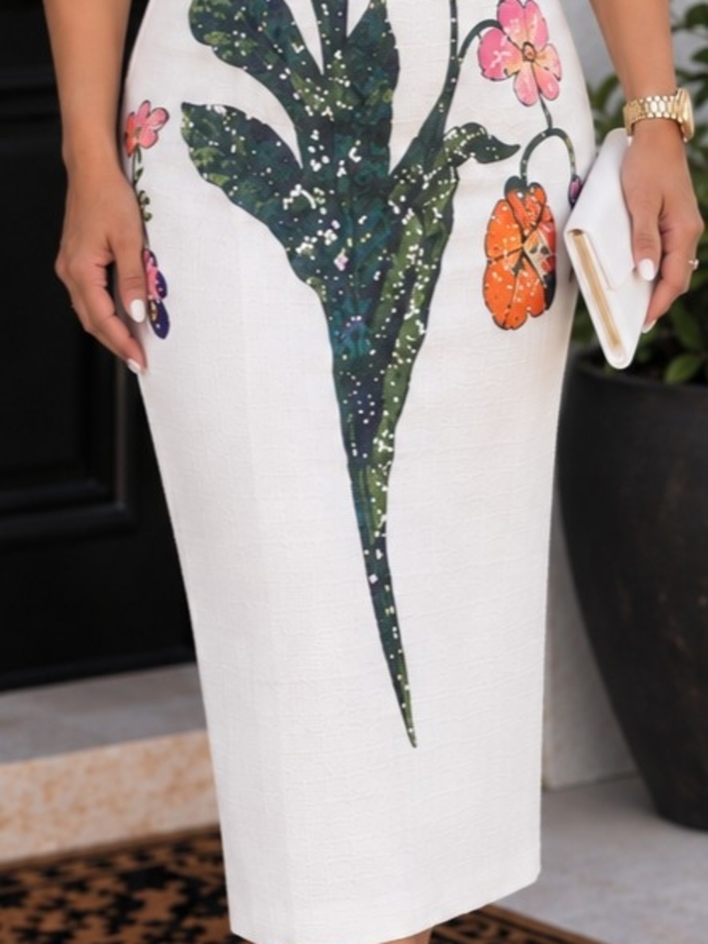Elegant White Pencil Skirt with Green Botanical Print